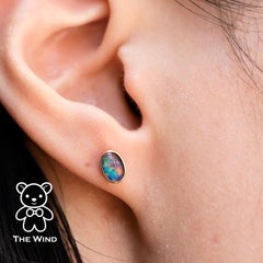 Minimalist Oval Shaped Australian Triplet Opal Stud Earrings 14K Yellow Gold