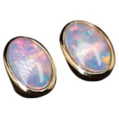 Minimalist Oval Shaped Solid Opal Stud Earrings 14K Yellow Gold