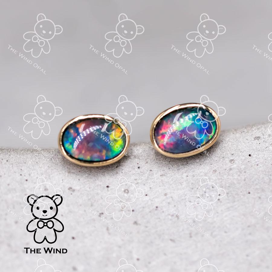 Artist Minimalist Oval Shaped Triplet Opal Stud Earrings 18K Yellow Gold For Sale