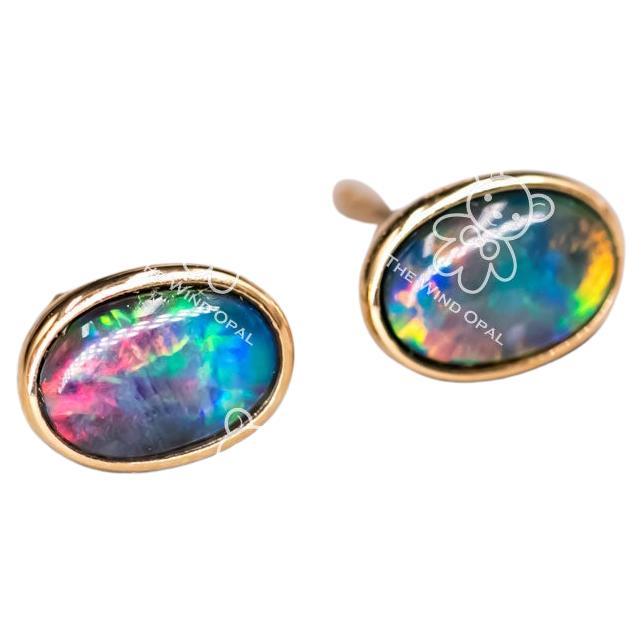 Minimalist Oval Shaped Triplet Opal Stud Earrings 18K Yellow Gold For Sale