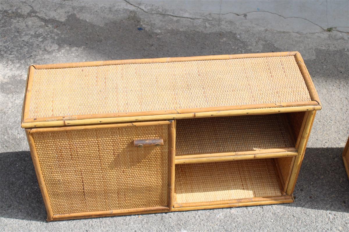 Minimalist Pair Mid-century Italian Wall Night stands Bamboo Rattan Rectangular In Good Condition For Sale In Palermo, Sicily