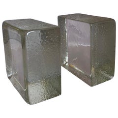 Minimalist Pair of Clear Glass Textured Bookends in the Style of Blenko