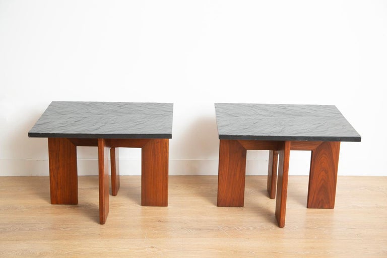Minimalist pair of side table by Phillip Lloyd Powell, USA 1960
Side tables in american walnut with one inch thick original slate top. 
 Legs forming a 