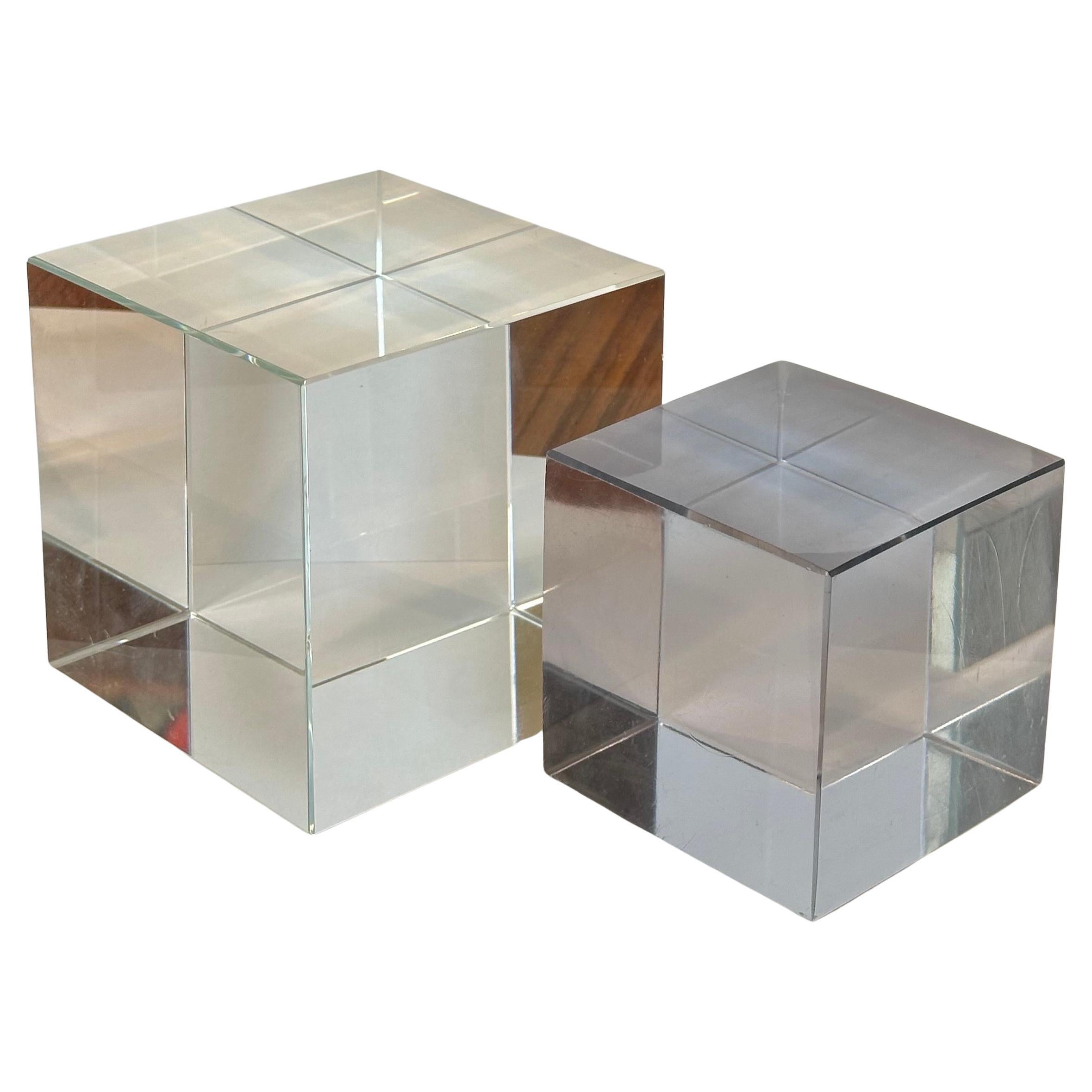 Post-Modern Minimalist Pair of Solid Crystal Cube Sculptures / Paperweights For Sale