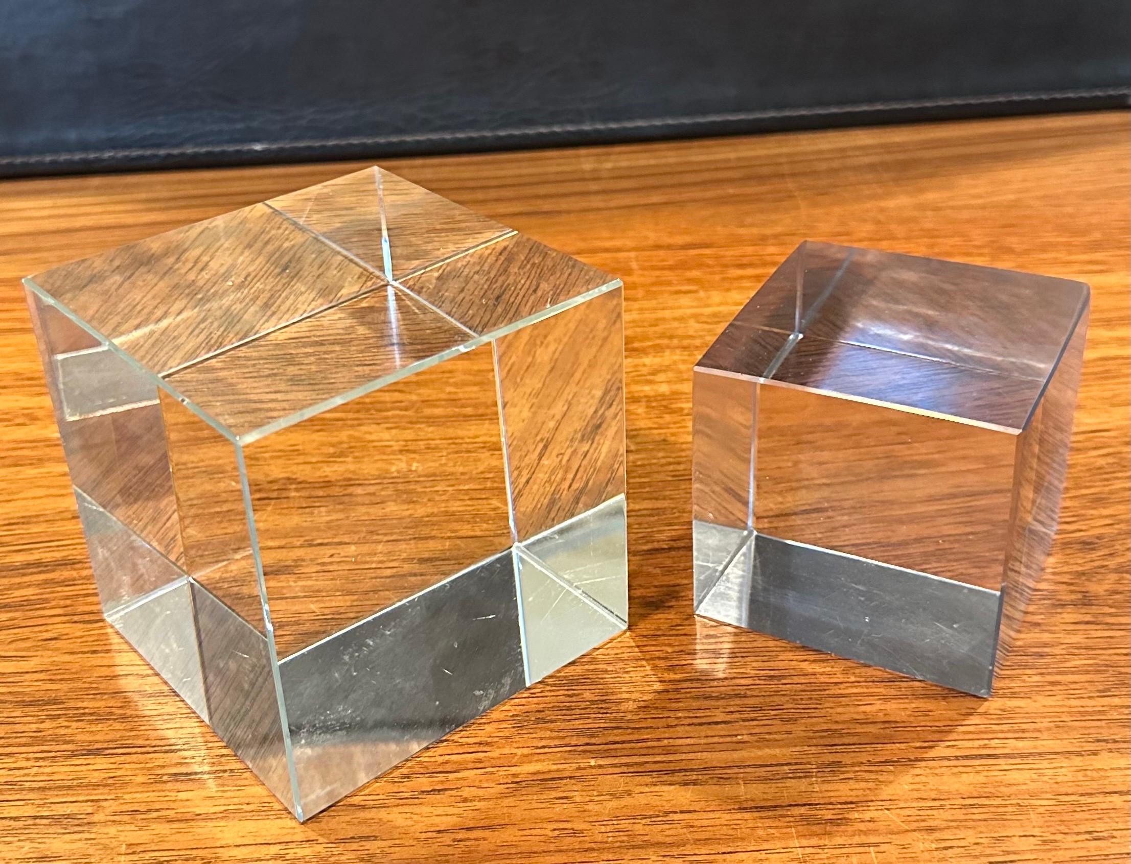 Minimalist Pair of Solid Crystal Cube Sculptures / Paperweights For Sale 1