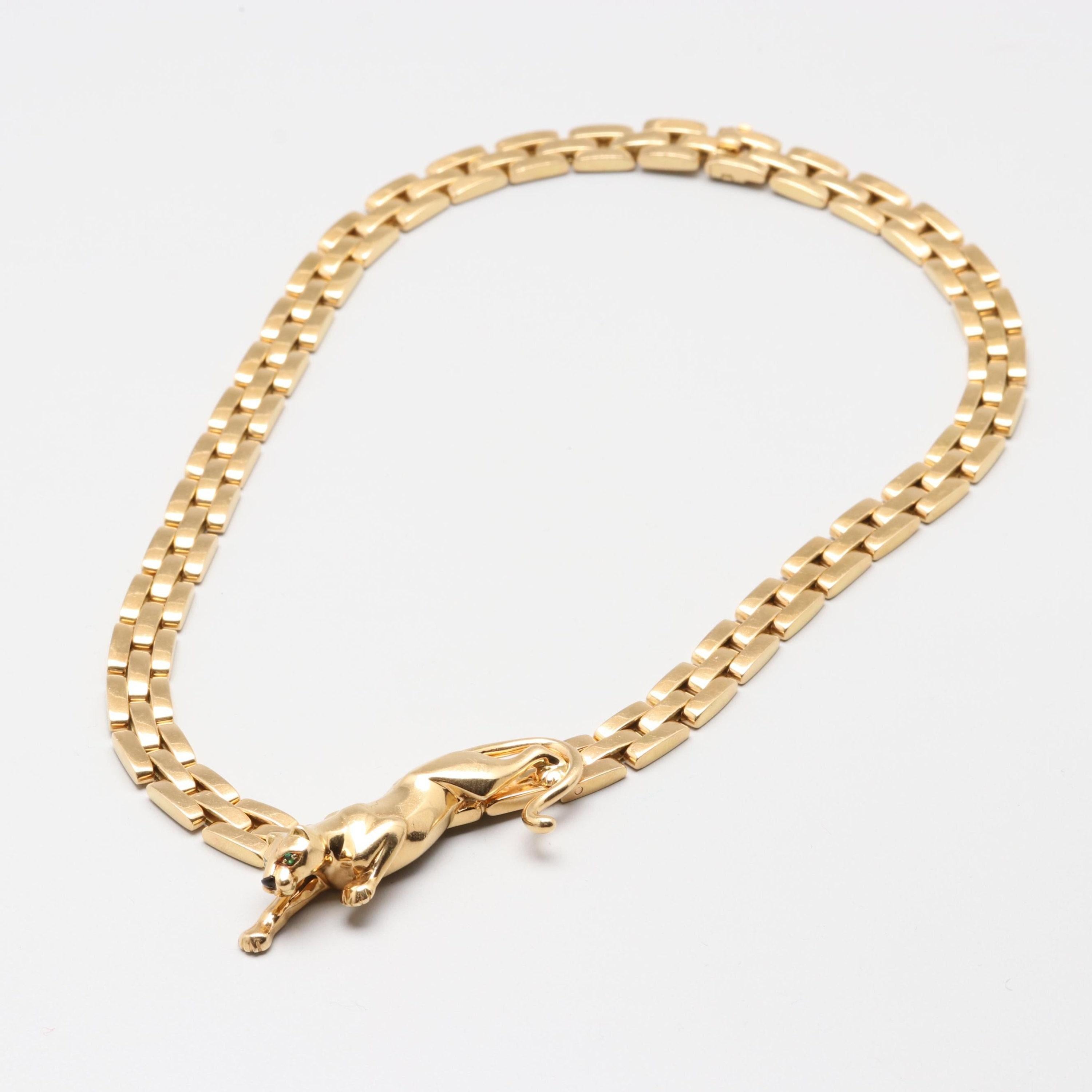 Minimalistische Panther-Gliederhalskette aus 18 Karat Gelbgold mit Smaragd im Rundschliff und Onyx Damen im Angebot