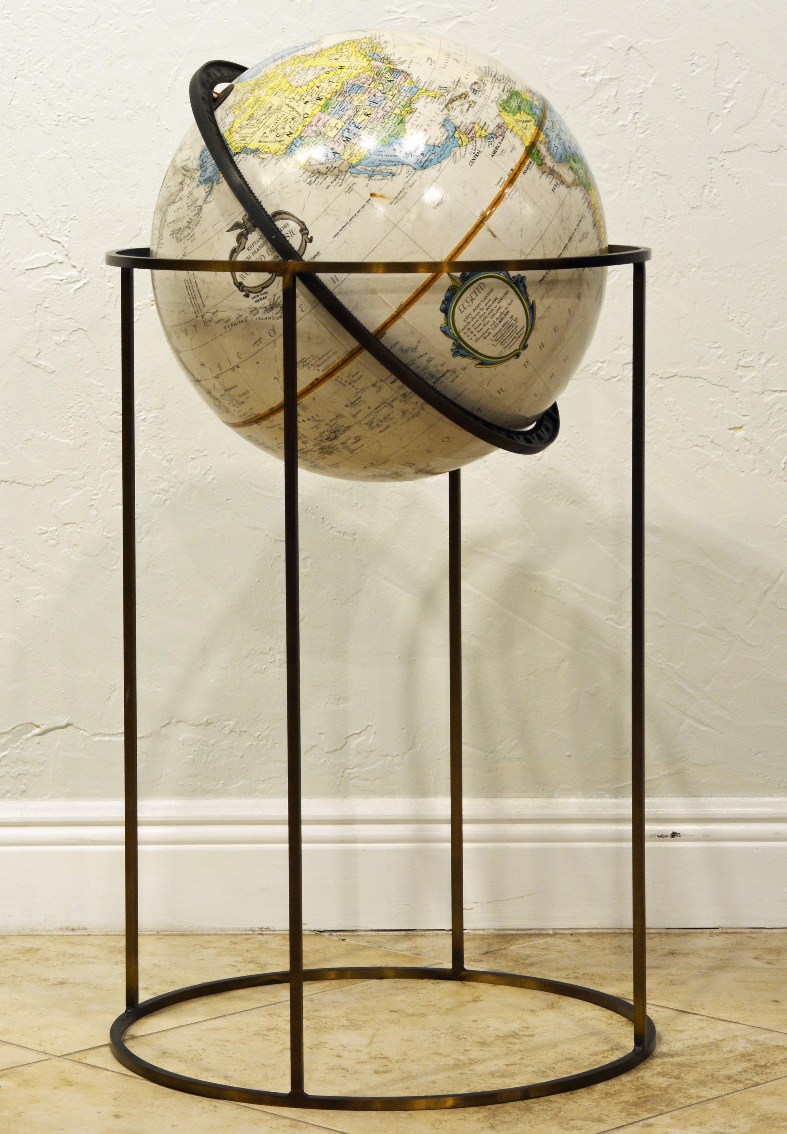Mid-Century Modern Minimalist Paul McCobb Style Replogle Terrestrial Globe on Brass Stand