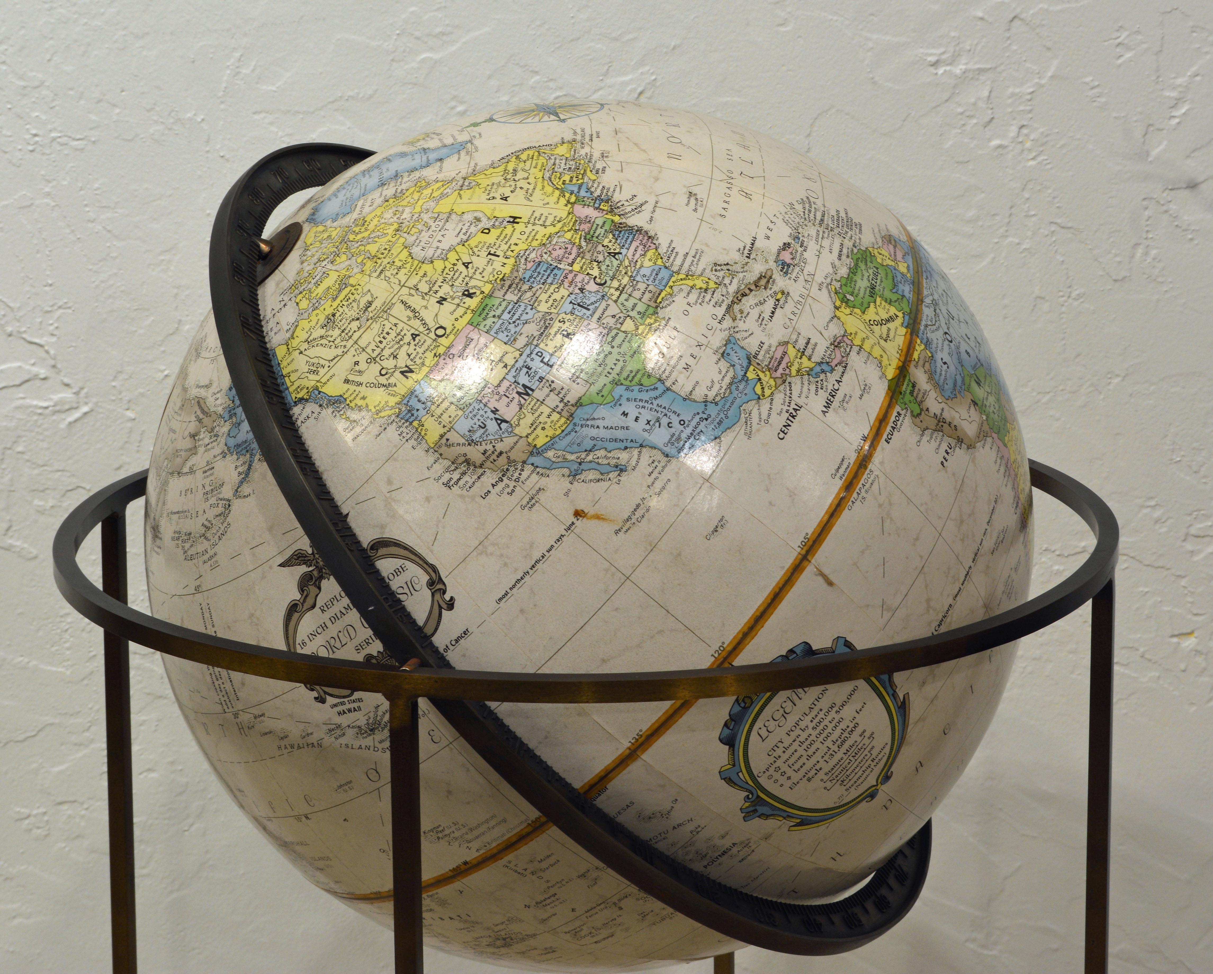 American Minimalist Paul McCobb Style Replogle Terrestrial Globe on Brass Stand