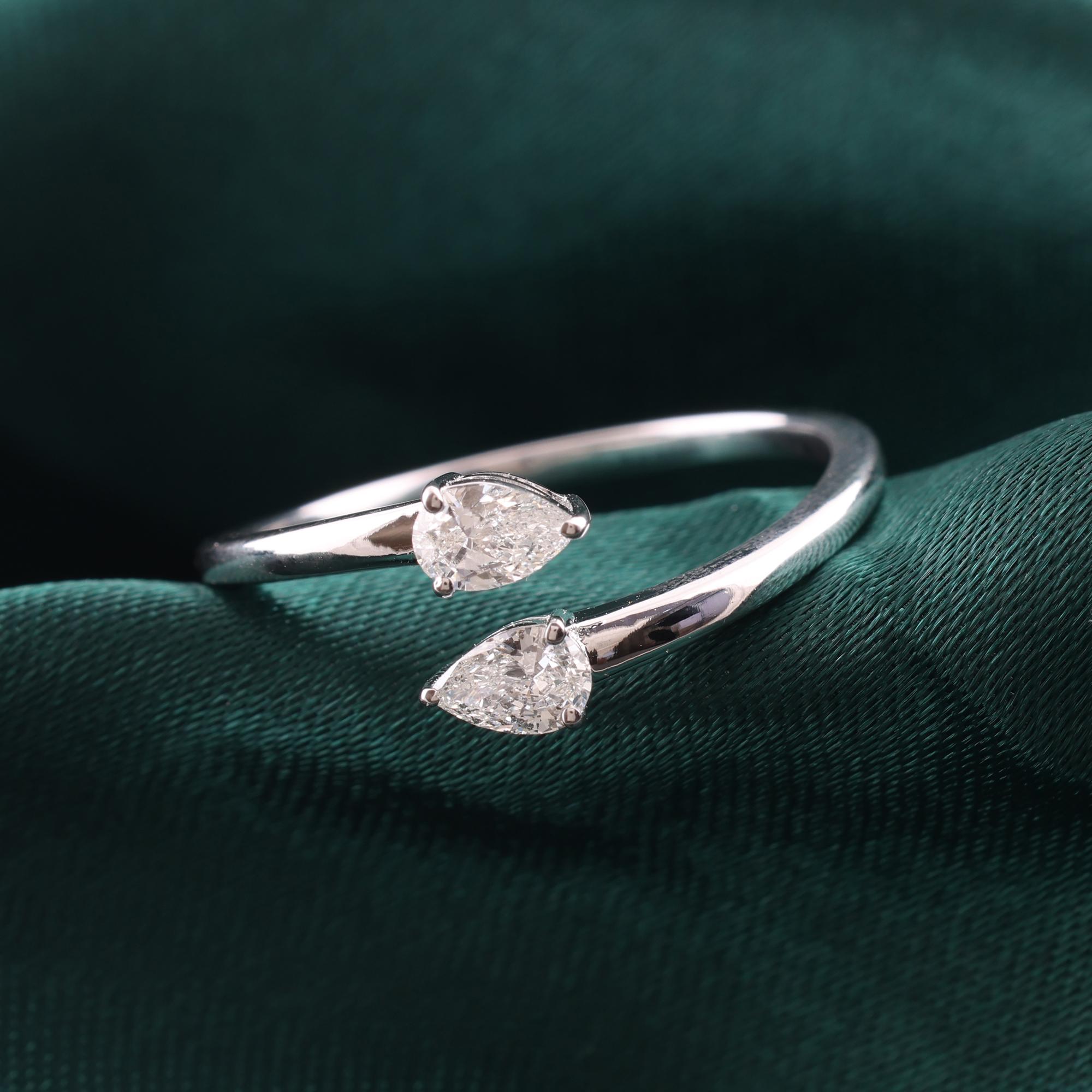 Modern Minimalist Pear Certified Diamond Open Cuff Bypass Ring 18K White Gold Jewelry For Sale