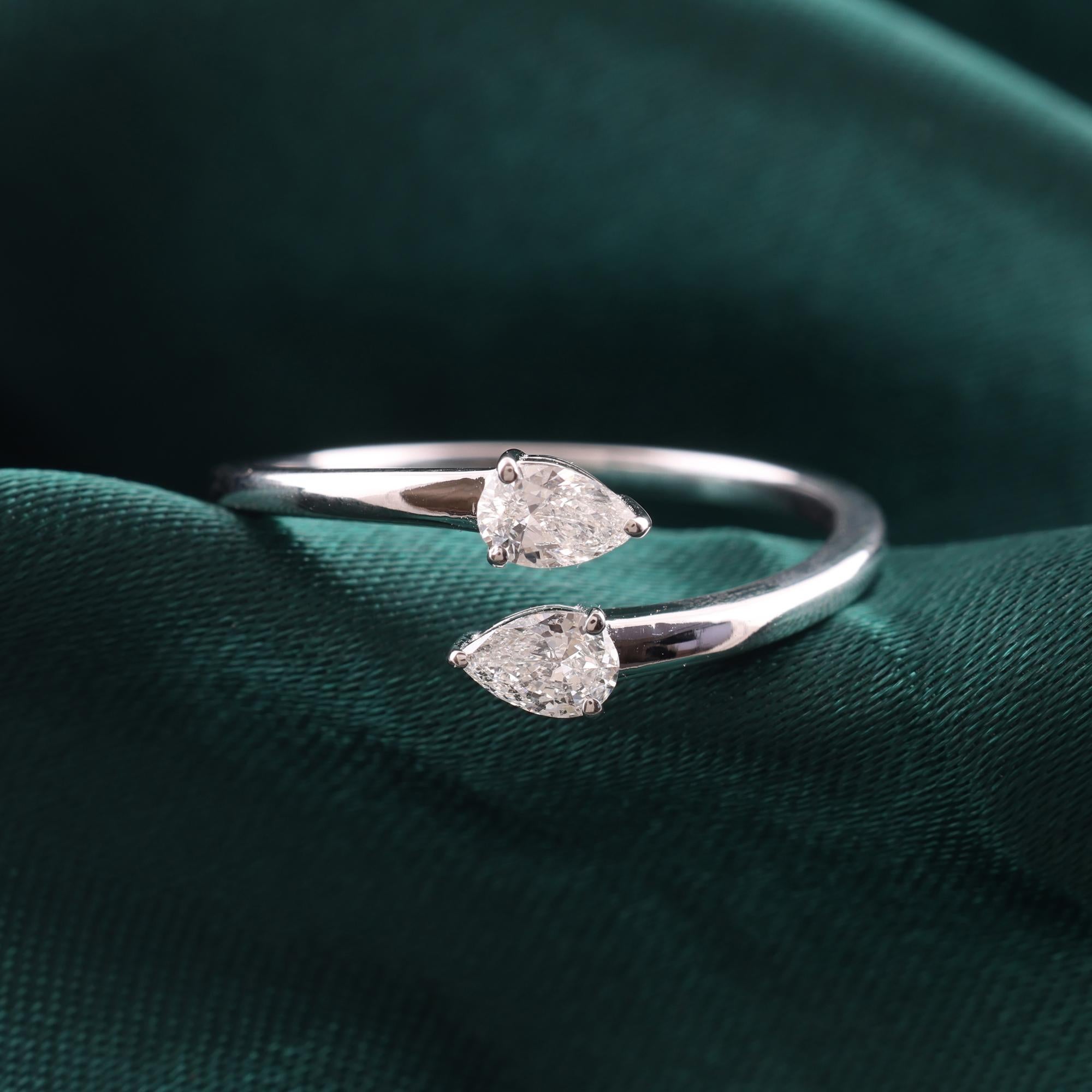 Women's Minimalist Pear Certified Diamond Open Cuff Bypass Ring 18K White Gold Jewelry For Sale