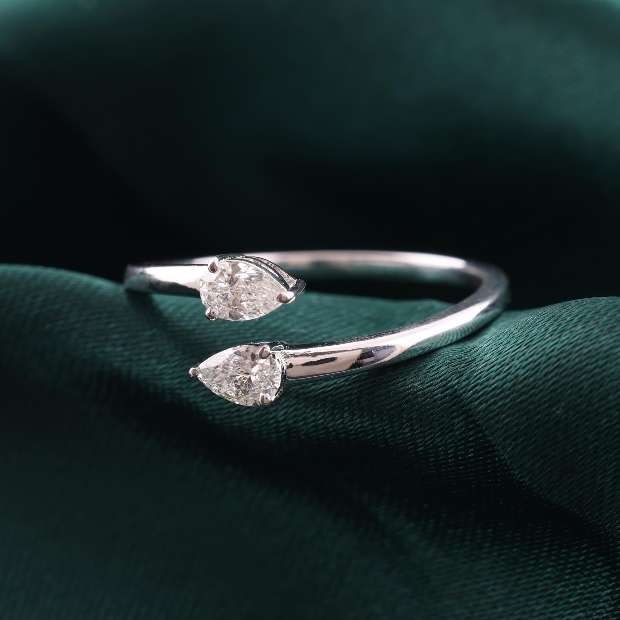 Minimalist Pear Certified Diamond Open Cuff Bypass Ring 18K White Gold Jewelry For Sale 2