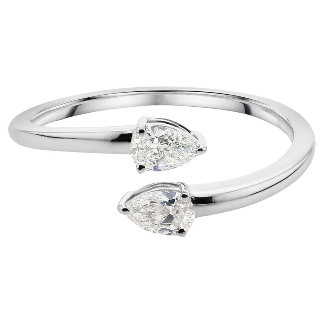 Minimalist Pear Certified Diamond Open Cuff Bypass Ring 18K White Gold Jewelry For Sale