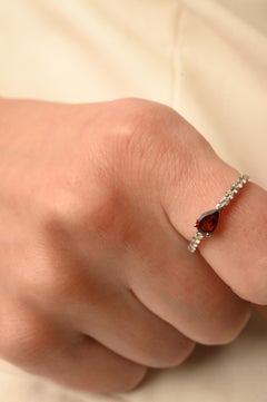 14k Solid White Gold Natural Garnet Ring with Diamonds, Christmas Gift For Her