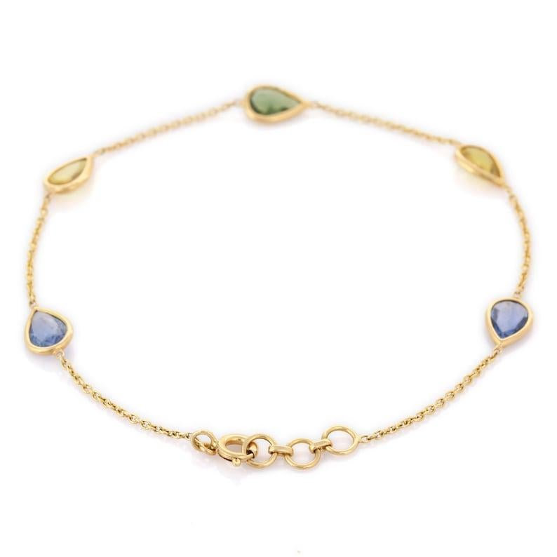 Modern Minimalist Pear Cut Multi Sapphire Chain Bracelet in 18k Solid Yellow Gold For Sale