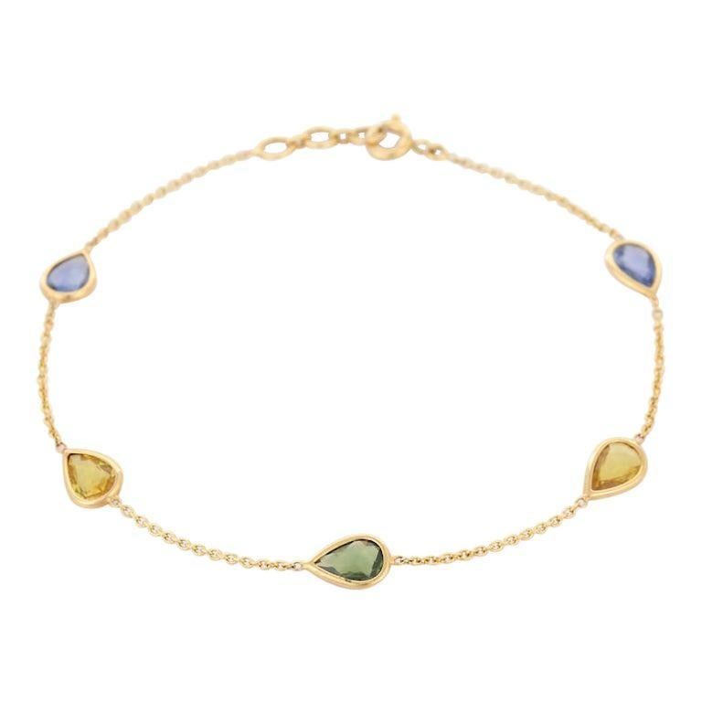 Women's Minimalist Pear Cut Multi Sapphire Chain Bracelet in 18k Solid Yellow Gold For Sale