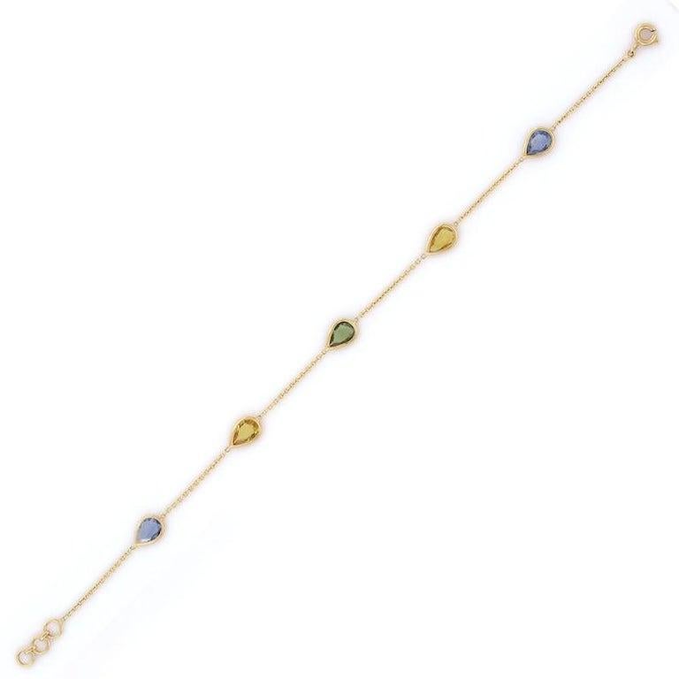Minimalist Pear Cut Multi Sapphire Chain Bracelet in 18k Solid Yellow Gold For Sale 1