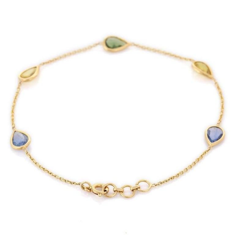 Minimalist Pear Cut Multi Sapphire Chain Bracelet in 18k Solid Yellow Gold For Sale 2