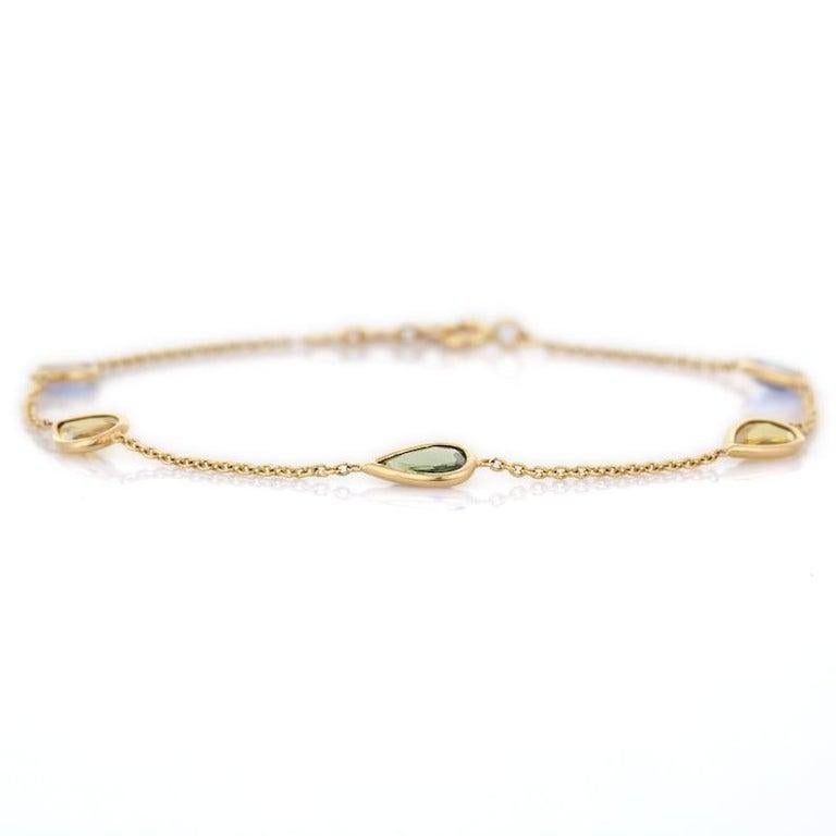 Minimalist Pear Cut Multi Sapphire Chain Bracelet in 18k Solid Yellow Gold For Sale 3