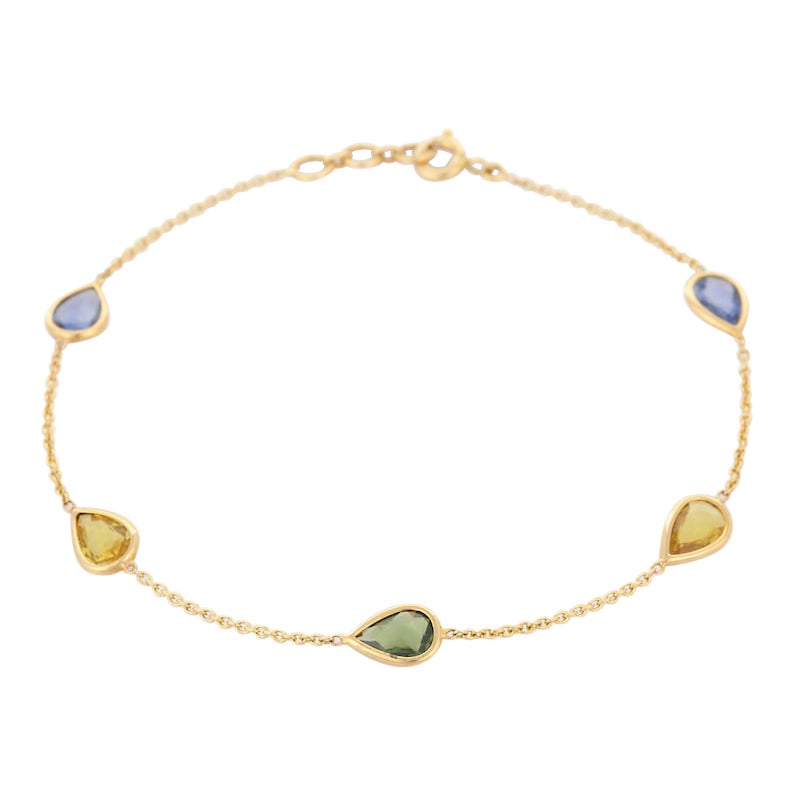 Minimalist Pear Cut Multi Sapphire Chain Bracelet in 18k Solid Yellow Gold