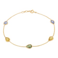 Bracciale a catena minimalista con zaffiri multipli taglio pera in oro giallo massiccio 18 carati