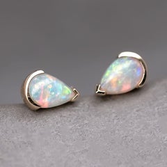 Minimalist Pear Shaped Australian Solid Opal Stud Earrings 14K Yellow Gold