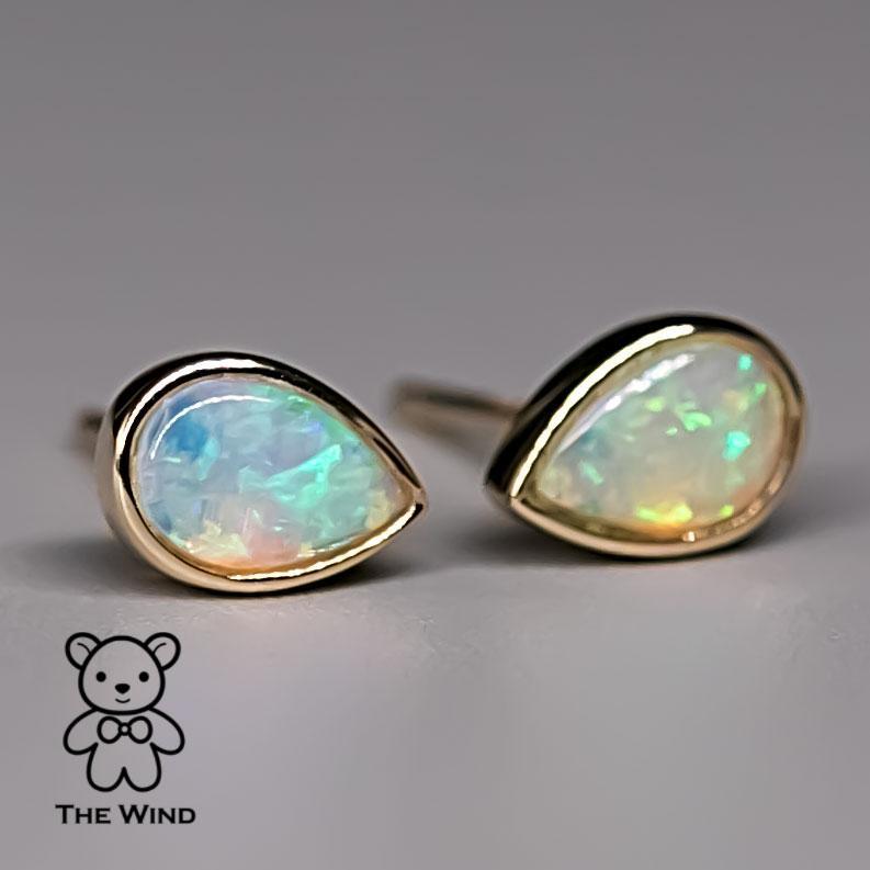 da uomo o donna Orecchini a pera minimalisti di opale australiano massiccio in oro giallo 14K in vendita