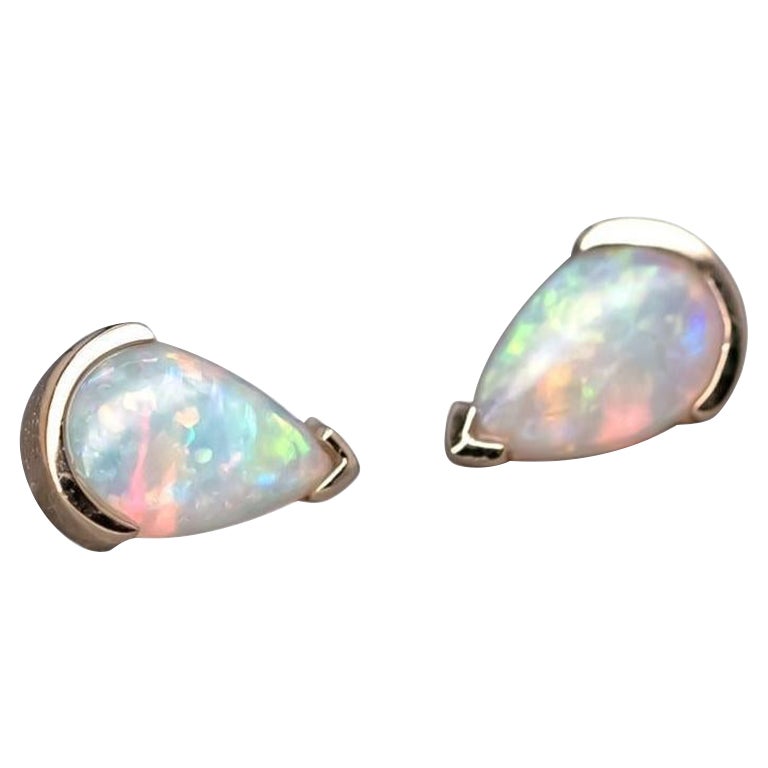 Minimalist Pear Shaped Australian Solid Opal Stud Earrings 14K Yellow Gold