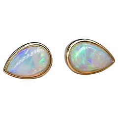 Minimalist Pear Shaped Australian Solid Opal Stud Earrings 14K Yellow Gold