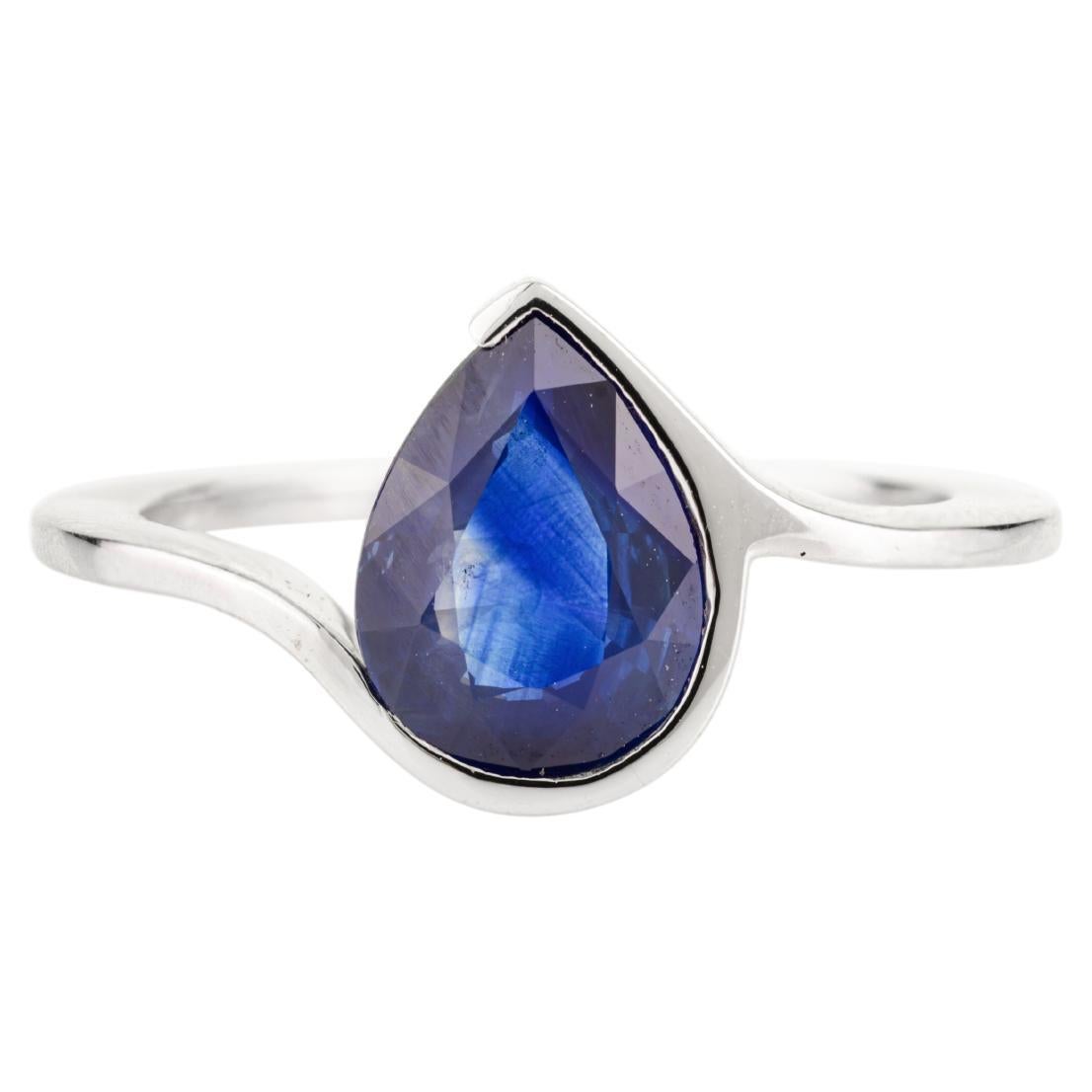 Minimalist Pear-Shaped Blue Sapphire Solitaire Ring in 18k White Gold for Her