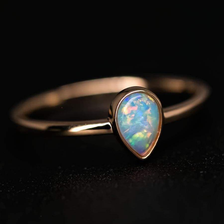 Pear Cut Minimalist Pear Shaped Natural Australian Solid Opal Ring 14k Yellow Gold For Sale