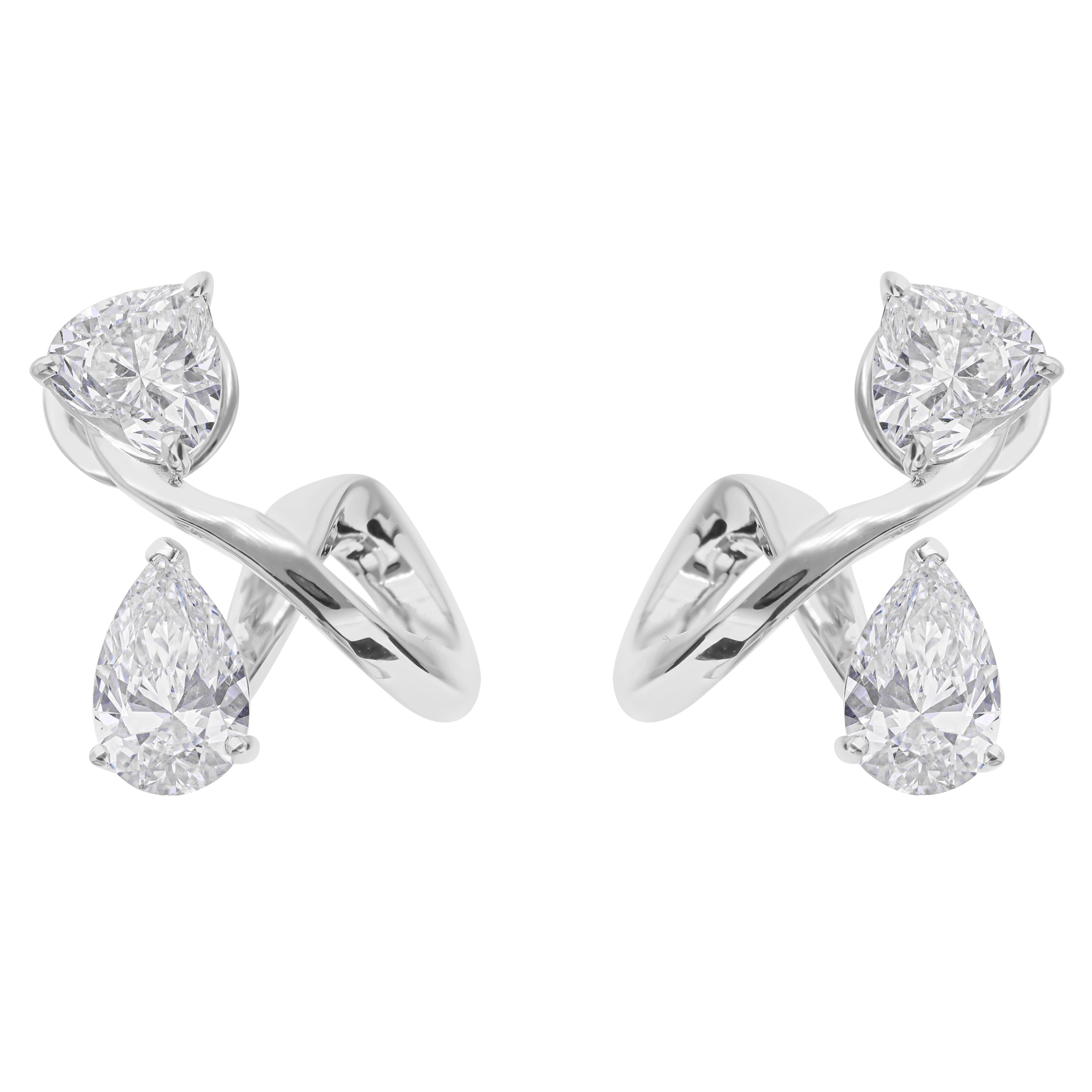 Minimalistische Birne Trillion Cut 4 Karat Diamant 14k Weißgold Twisted Ohrringe