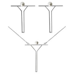 Minimalist Pearl Contemporary Pendant on Chain and Earrings 925 Sterling Silver