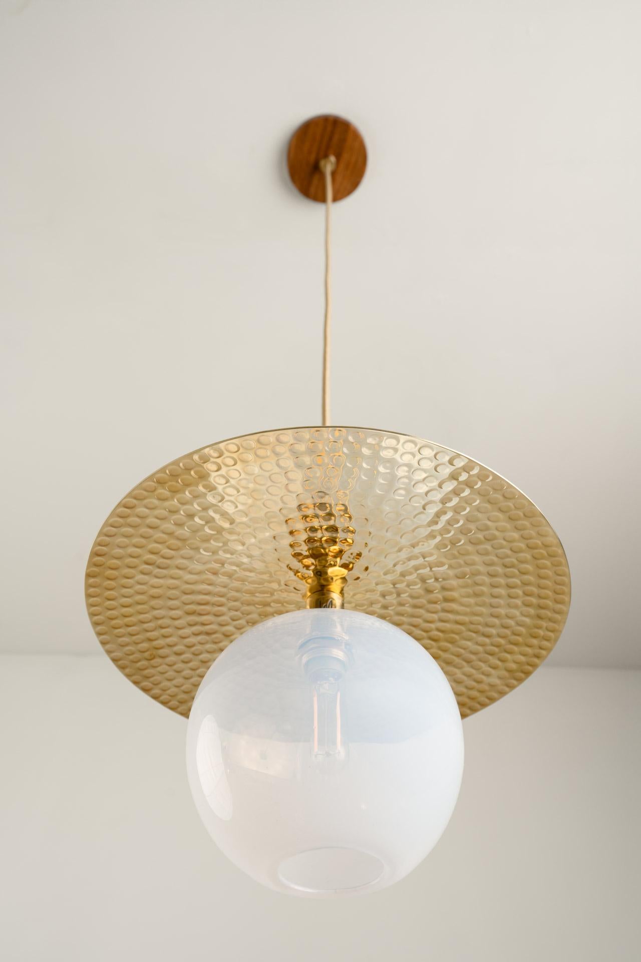 Forged Minimalist Pendant Light Hammered Finish Glass Globe For Sale
