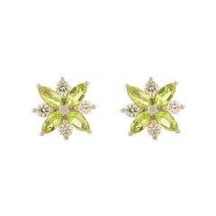 Minimalist Peridot & Diamond Flower Stud Earrings for Her in 14k White Gold
