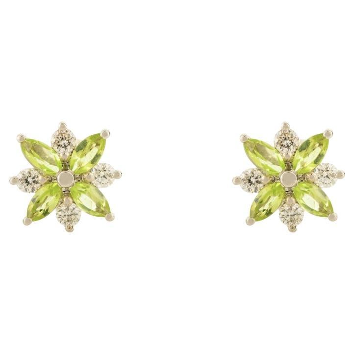 Minimalist Peridot & Diamond Flower Stud Earrings for Her in 14k White Gold
