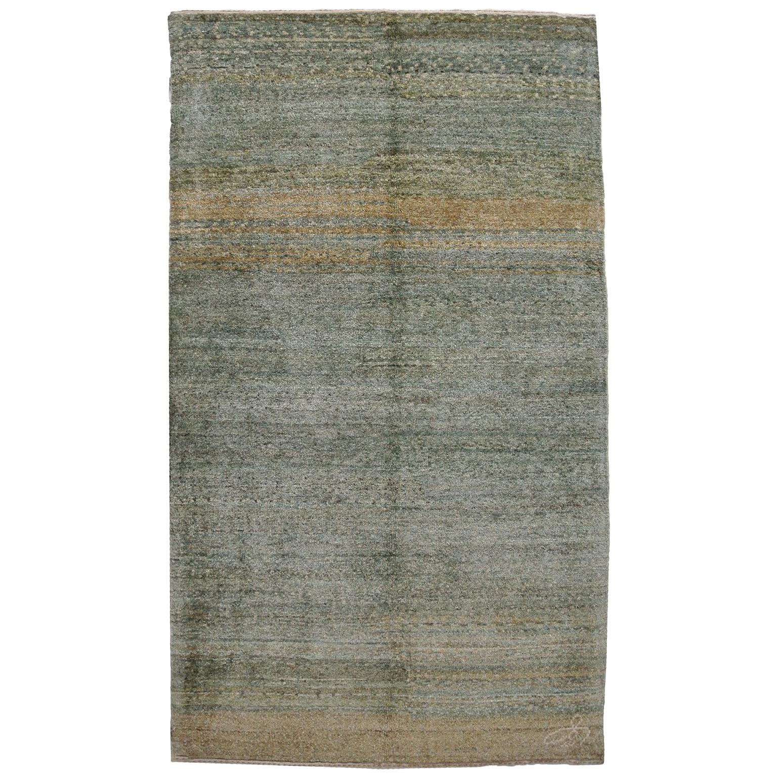 Minimalist Persian Rug, Green, Yellow Wool, Orley Shabahang, 3' x 4'