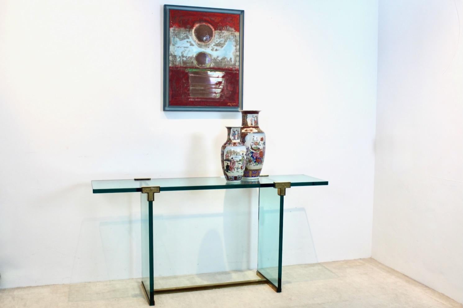 Minimalist Peter Ghyczy Brass and Glass T30 Console Table 1