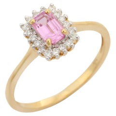 Minimalist Pink Sapphire Halo Diamond Bridal Ring in 14K Solid Yellow Gold
