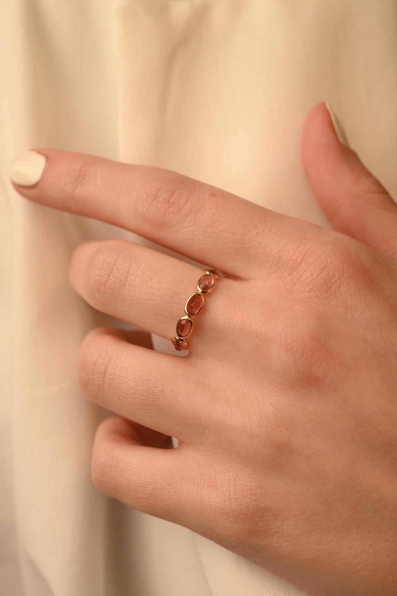 For Sale:  Minimalist Pink Tourmaline Half Eternity Band Ring in 18k Yellow Gold 14