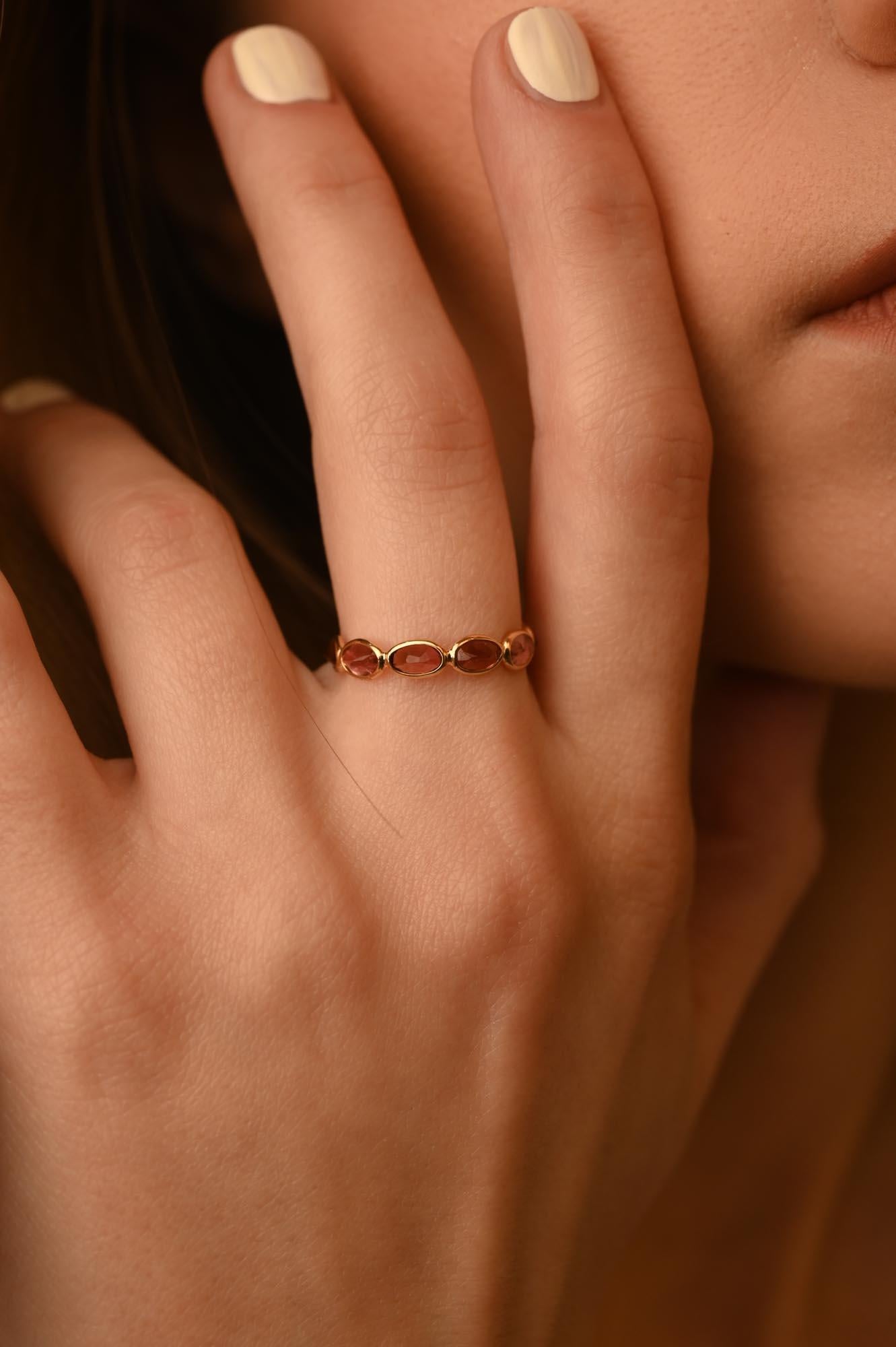 For Sale:  Minimalist Pink Tourmaline Half Eternity Band Ring in 18k Yellow Gold 2