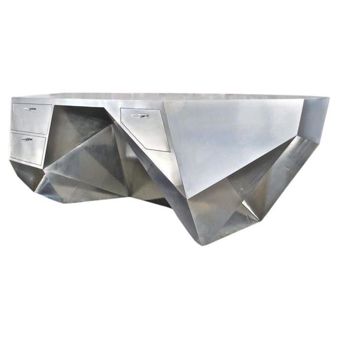 Minimalist “Popova” Desk in Brushed Stainless Steel with Mahogany Drawers. U.S.A