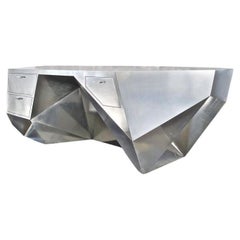 Minimalist “Popova” Desk in Brushed Stainless Steel with Mahogany Drawers. U.S.A