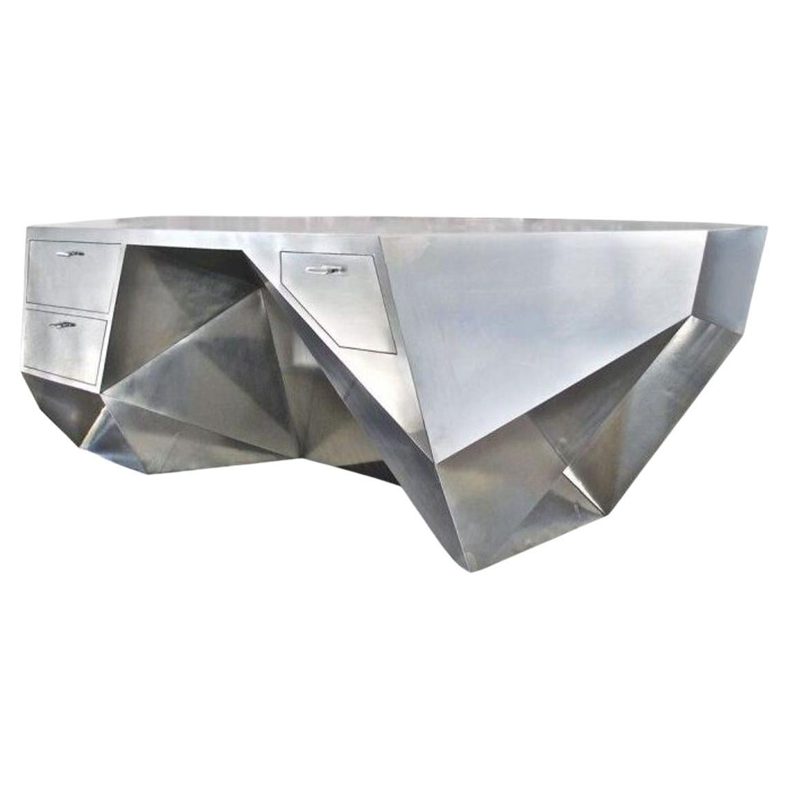 Minimalist “Popova” Desk in Brushed Stainless Steel with Mahogany Drawers. U.S.A