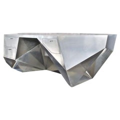 Minimalist “Popova” Desk in Brushed Stainless Steel with Mahogany Drawers. U.S.A