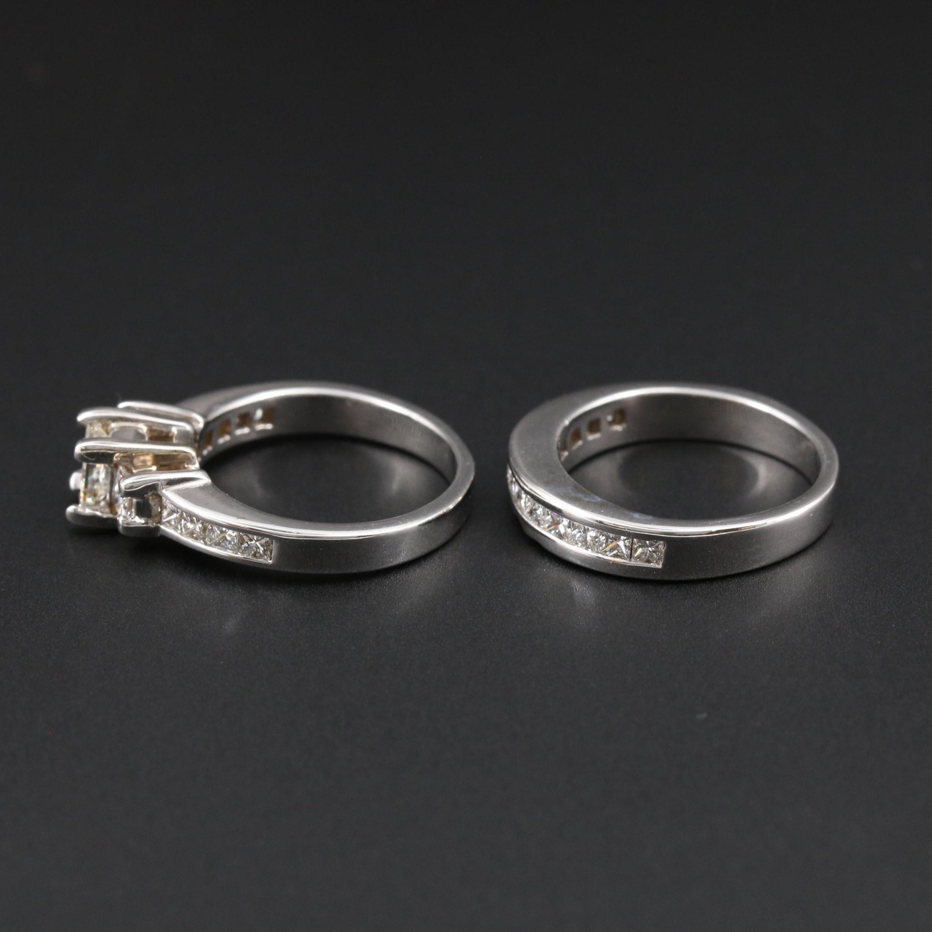 For Sale:  Minimalist Princess Cut Diamonds Engagement Ring Set, Diamonds Bridal 4