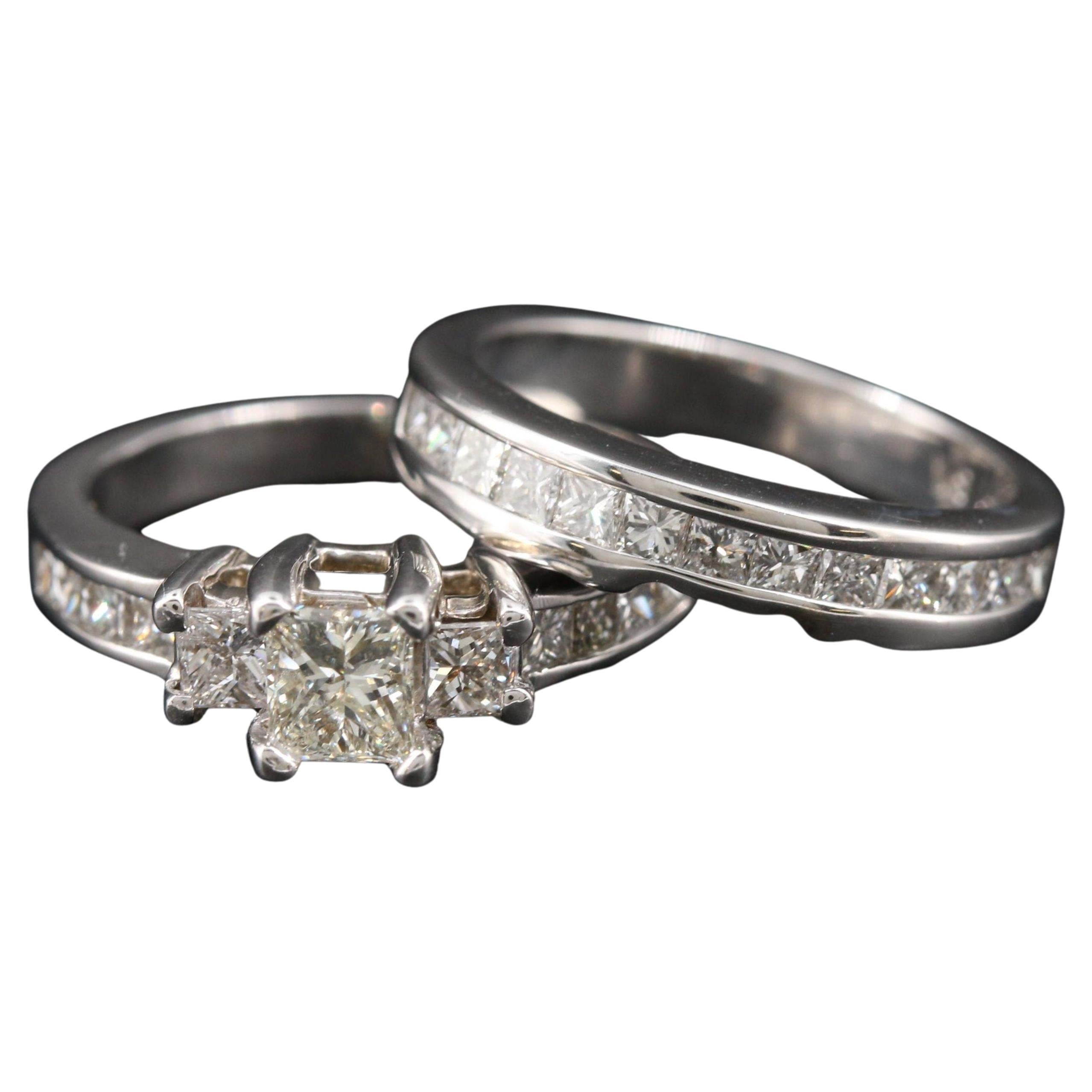 Minimalist Princess Cut Diamonds Engagement Ring Set, Diamonds Bridal