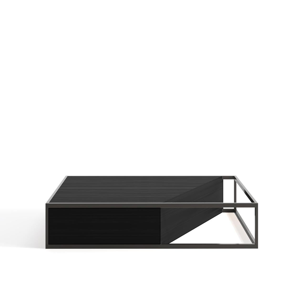 Table basse centrale rectangulaire moderne et minimaliste en bois de noyer et laiton brossé en vente 3