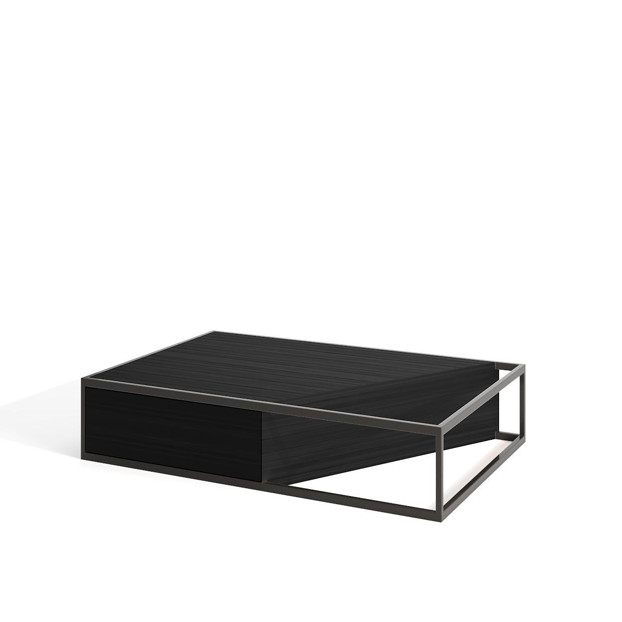 Table basse centrale rectangulaire moderne et minimaliste en bois de noyer et laiton brossé en vente 4
