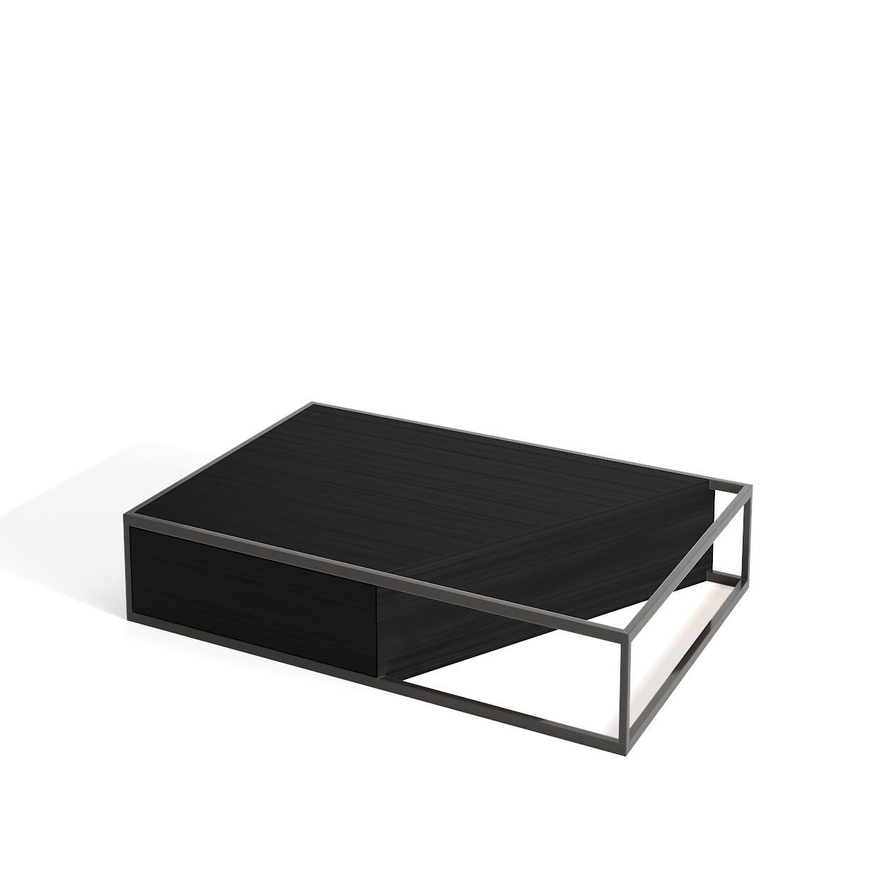 Table basse centrale rectangulaire moderne et minimaliste en bois de noyer et laiton brossé en vente 5