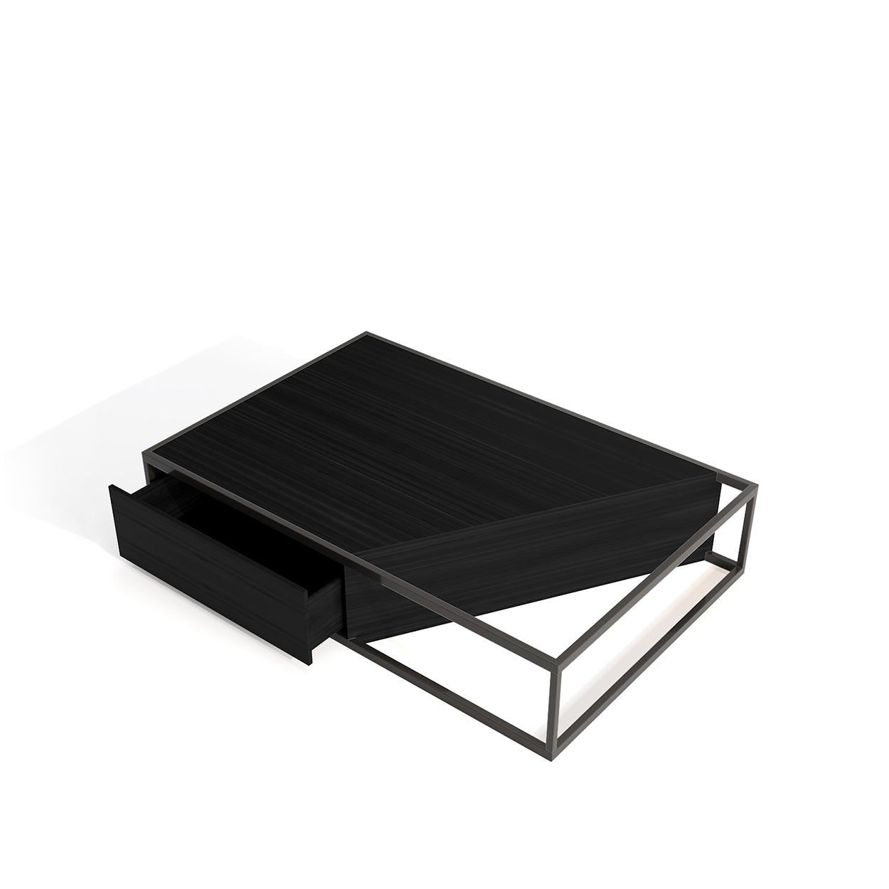 Table basse centrale rectangulaire moderne et minimaliste en bois de noyer et laiton brossé en vente 6